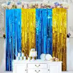 Zyozique Blue Gold Party Supplies Foil Fringe Curtain, Metallic Tinsel Door Curtains Photo Booth Backdrop For Graduation Birthday Christmas New Year P