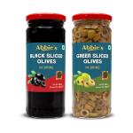 Abbie's Black Sliced Olives (450 g) + Green Sliced Olives (450 g), Pack of 1 Each, Product of Spain, for Authentic Taste in Cooking, Snacking, Pizzas toppings or Italian Pastas Ingredient