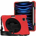 ProElite Rugged 3 Layer Armor case Cover for iPad Pro 11 inch 2022/2021 4th/3rd Gen with Pencil Holder, Shoulder Strap and Kickstand, Red