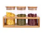 Borosilicate Glass Jars with Bamboo Wood Air Tight Lids Tea Container Clear Kitchen Storage Jar with Bamboo Shelf Kitchen Canister Set, 270 ML