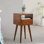 SMAART CRAAFTS Saraswati Solid Wood Bedside Table: Designer Nightstand with 1 Drawer and 1 Shelf - End Table for Bedroom, Home & Kitchen - Mango Wood, Walnut Finish |