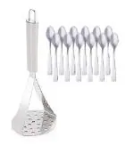 Stainless Steel Potato Masher With Stainless Steel 12 Pcs Coffee Spoon Set and Multicolour, Pack of 2