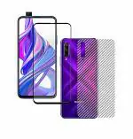 honor 9x (2n1) combo pack full tempered glass + back screen protector by tel, ultra clear, 3d carbon fiber ultra-thin, full glue tempered + back cover mobile screen protector