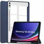 ProElite Cover for Samsung Galaxy Tab S8/S9 Ultra Cover case, Smart Flip Case Cover for Samsung Galaxy Tab S8/S9 Ultra 14.6 inch with S Pen Holder, Dark Blue [Transparent Back]