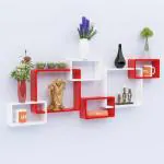 WOODSY Wooden Intersecting Wall Shelves Set of 6 for Small Square, for Living Room, Bedroom, Kitchen, Bathroom, Dining Room, Entryway, Hallway (White and Red)