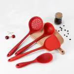 Ramkuwar Silicone Cooking Utensils Set Turner Spatula Skimmer Ladle Spoon Spatula for Frying Draining Stirring (Red) - 4 Piece