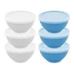 Jaycee Microwave Safe And BPA Free White And Blue Round Plastic Bowl With Lid - 300 Ml (Pack Of 6)