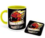 Whats Your Kick Motorcycle Theme Born To Ride Printed Yellow Ceramic Coffee Mug with Coaster and Tea Mug 325ml
