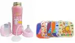 Chinmay Kids Baby Steel Feeding Bottle for Hot and Cold Milk 240ml + Baby Knot Feeding Bib Combo ((Bottle Pink 240))