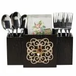 Cocktail Decorative Wooden MDF Spoon Stand, Cutlery Holder, Spoon holder for Dining Table, Multifunctional organizer Stand for Kitchen, Tableware Storage Box 3 Sections, Brown (SQ-LASER)