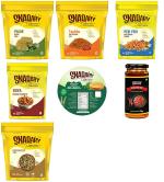 Snaqary Palak Puri, Teekha Sev, Peri Peri Sticks, 7 In 1 Superseeds, Soya Peanuts, Methi Khakhra And Schezwan Dip (Combo Of 7)