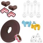 KidDough Baby Proofing Safety Kit Pack of 15 | 5 meters Safety Strip, 4 Pre-Taped Corner Guards for Sharp Edges and Corners | 5 Safety Locks for Cabinets, Almirahs, etc | 3 Electric Sockets Guards | 2 Random Door Stoppers