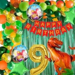 House of Banter Scary Dinosaur Theme 9th Birthday Party Decoration-53Pcs Combo 40pc Multicolor Balloons, 4pc Confetti Balloons, 1 Scary Dinosaur Foil Balloons set of 5, 1 Happy Birthday Banner, 2pc Green curtains, No.9 Foil Balloon (9th Birthday)