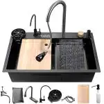 SEVOU 24'' x 18'' x 10'' Waterfall Sink Integrated HONEYCOMB DESIGN 304 Grade With CLASSY BLACK MATT Finish Single Bowl Multifunction Kitchen Sink