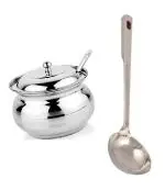 BLUE WONDER Stainless Steel Multipurpose Ghee Pot/Pickle Container with Spoon With Stainless Steel Chamcha Spoons and (Multicolour, Pack of 2)