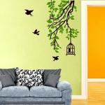 InkFence 92 cm IF-01 Wall Decals ' Green Leaf with Birds Cage and Nest ' Self Adhesive Sticker (Pack of 1)