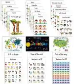 Traceease Educational Poster For Elementary School, Pack Of 25 Laminated Kids Learning Posters USA & World Maps