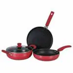 MUMMA'S Life 3-Piece Cookware Set with Non-Stick Coating (Induction and Gas Compatible) (Red)