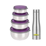 Home-Pro - 4 pcs Bowl Set Purple and Stainless Steel Bottle Long Design | Multipurpose Dabba , Food Serving and Storage Containers | Set of 4 (375 ml, 625 ml, 1000 ml & 1375 ml) | Combo Pack