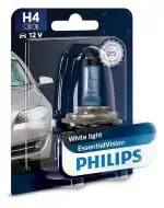 PHILIPS H4 P43t Essential Vision 3 Pin Halogen Headlight Bulb || 4000 Kelvin White Light Color 12569EVB1 (12V, 100/90W), Pack of 1