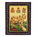 Hawai Kamdhenu Cow with Calf and All Hindu Gods Gold Plated Foil Photo With Engineered Wood Religious Photo Frame for Décor and Worship Use SFDI00636_BLK_14x10 inch