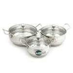 Coconut Omega Stainless Steel Handi with Glass Lid 0.75 L+ 1.5 L+ 2 L (Set of 3)