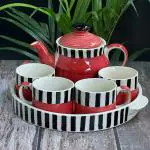 BACKKSPACE RETAIL Hand Painted Ceramic Tea Pot Kettle Set, Set of 4 Cups (180ml), Kettle (600ml) and Tray(Red & White Lines)