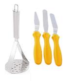 Stainless Steel Big Potato Masher With 3 Pcs Pallet Knife Set and Multicolour, Pack of 2