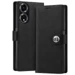 Fashionury Flip Back Cover Case for Oppo A59 5G | Genuine Leather Finish | Designer Button | Inbuilt Pockets & Stand | Flip Cover Back Case for Oppo A59 5G (Black)