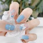 Secret Lives acrylic press on nails artificial nails extension greyish blue color 3D bow with white & golden pearl fake nails design 24 pieces set with kit