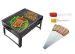 Inditradition Popular Combo Portable Charcoal Barbeque Grill with 12 Skewers, Oil Brush & Spatula (Metal, Black)