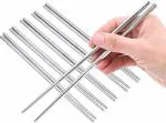 INKULTURE 5 Pairs Reusable Metal Stainless Steel Plain Chopsticks Dishwasher Safe Lightweight Easy to Use Metal Chop Stick Utensils