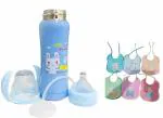 Ineffable Baby Steel Feeding Bottle for Hot and Cold Milk 240ml + Baby Knot Feeding Bib Combo ((Bottle Blue(240))