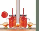 RIOMTRIC Mason Jar 450ML 2 Mugs with Handle and Straw Old Fashioned Drinking Glass, Random Color Lid
