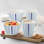 Larah by Borosil Blue Strip Breakfast Set, 4 Piece Set, 2 Cups & 2 Bowls, Microwave Safe, Chip Resistant, Blue & White