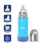 Dr.Flow 4 in 1 Omega+ Insulated ThermoSteel Baby Feeding Bottle with Anti-skid Bumper & Silicone Closing Disc 270ml/9oz Anti Colic Silicone Teat | 10Hrs. Hot & Cold | DF9013, Blue Color