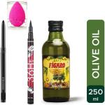 Bingeable Pro Waterproof Sketch Pen Eyeliner, Kajal Smudge Proof, Lasts Upto 22 Hours, 0.35, Beauty Blender Makeup Sponges, Figaro Olive oil for Body Massage and Healthy Skin 250 ml Set of 4