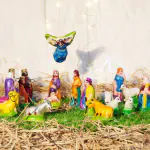 pujaNpujari Christmas Nativity Crib Set with Baby Jesus, Mother Marry, Saint Joseph 3 King and Other 15 Piece Decoration Set Separate Pieces 8 cm Pack of 18