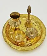 SHLINCO SHLINCO Traditional Handcrafted Brass Thali/Aarti Bartan Plate for Pooja/Worship Brass (5 Pieces, Gold) Brass (5 Pieces, Gold)
