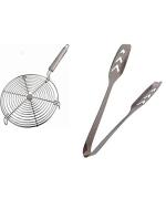 Wofier Barbeque Jali Roti Roast Grill Papad Roaster Chapati Toast Grill Wooden Handle Paneer Tandoor Net Round With Stainless Steel Momo Tong - Pack Of 2