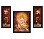 ArtX Multicolor God Ganesh Ji Swastika Photo Frame Wall Art Painting (Set Of 3) 27 X 57 X 1.5