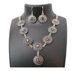 CHAITANYA EMPORIUM round tikdi sequance ruby colour stone long chained silver neacklace with ring and earrings