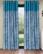 Fashion String 2 Pieces Solid Patch Floral Blossoms Eyelet Polyester Door Curtains - 7 Feet, Blue