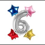 LADAKPAN 16 Inch Silver/Gold Colour Number Foil Balloon with 9 Inch Multicolour 4 Star Shape Balloons for Birthday, Anniverasary, New Year, Christmas, Corporate or Theme Party Decoration. (6, Silver)