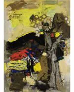 DECOR ADVENTURES Black Hill by M.F. Husain Wall Painting 16 x 21 inch