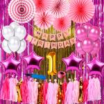 Bubble bells 1st first theme happy birthday wall decorations items kit combo pack set for kids girls|happy birthday pink banner|tassel garland pink|pink white metallic balloons|pink paper fan