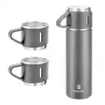 Sambhuya Stainless Steel Water Bottle with Gift Box Coffee Tumbler Vacuum Flask Tea Mug Set | Vacuum Flask Set with 3 Cup | Hot and Cold Vacuum Flask 450ml | Black