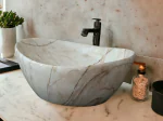 Marble Ceramic Tabletop Wash basin with Waste Coupling & PVC Waste Pipe | Wash Basin over counter For Bathroom Hotel Home Countertop Vessel Sink | (16 x 13 x 6 Inch) Marble Basins (Boat shape Marble Glossy) (6216) Brand: FOOTPRINT EXIM