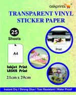 Askprints Printable Transparent Sticker Paper - Waterproof Printable Vinyl for Laser & Inkjet Printer 25 Self-Adhesive Sheets - Clear Transparent - Standard Size A4