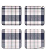 Whats Your Kick Dark Blue And White Blue Fabric Check Pattern Design Printed Set of 4 Coaster With Metal Stand